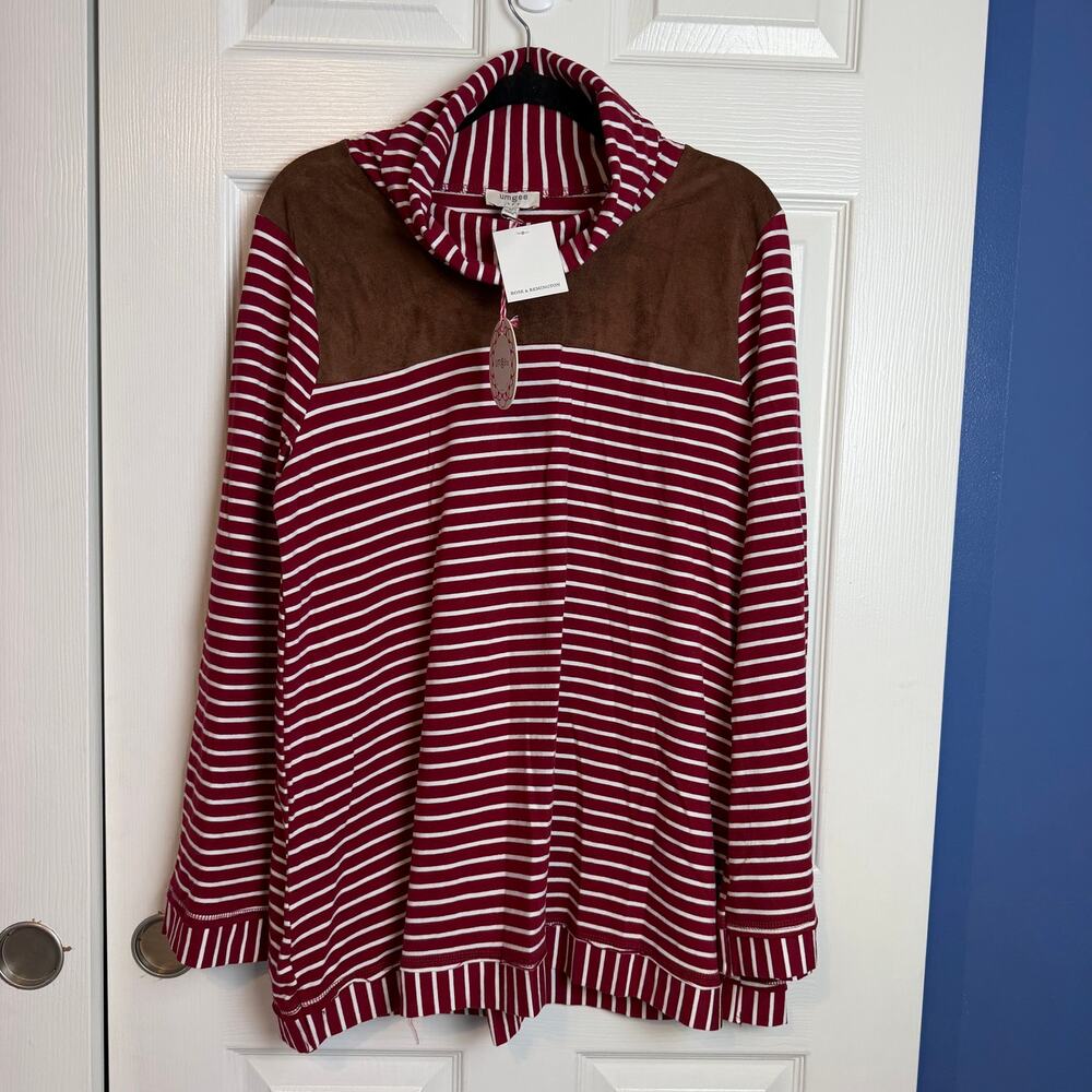 Umgee Striped Tunic Top Medium Burgundy Faux Suede Elbow Patches NWT